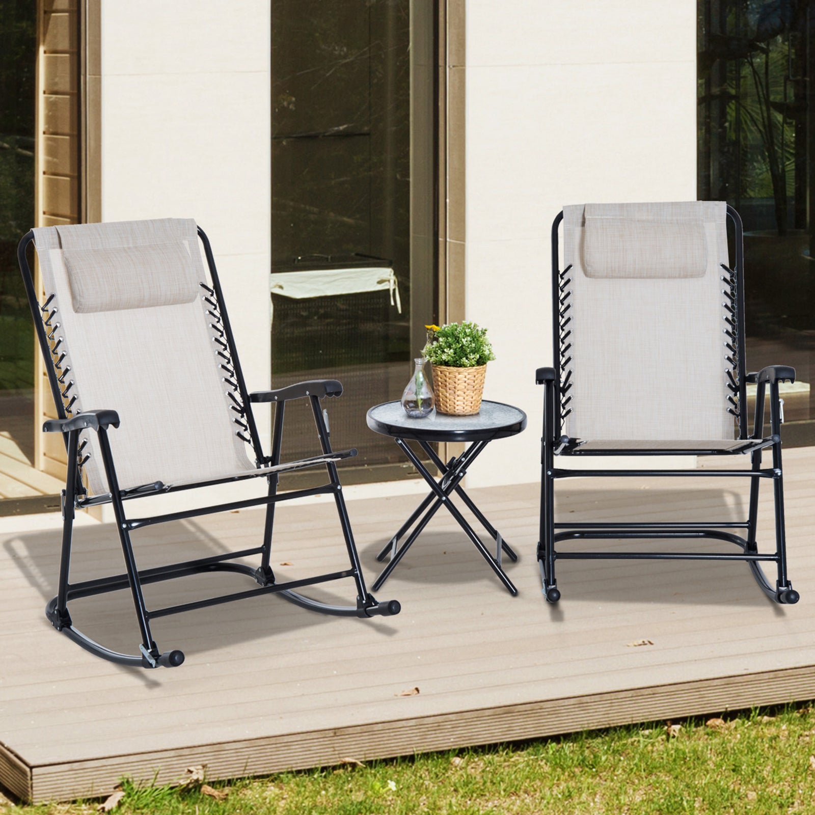 3 Piece Outdoor Rocking Set, 2 Chairs & Table | Beige