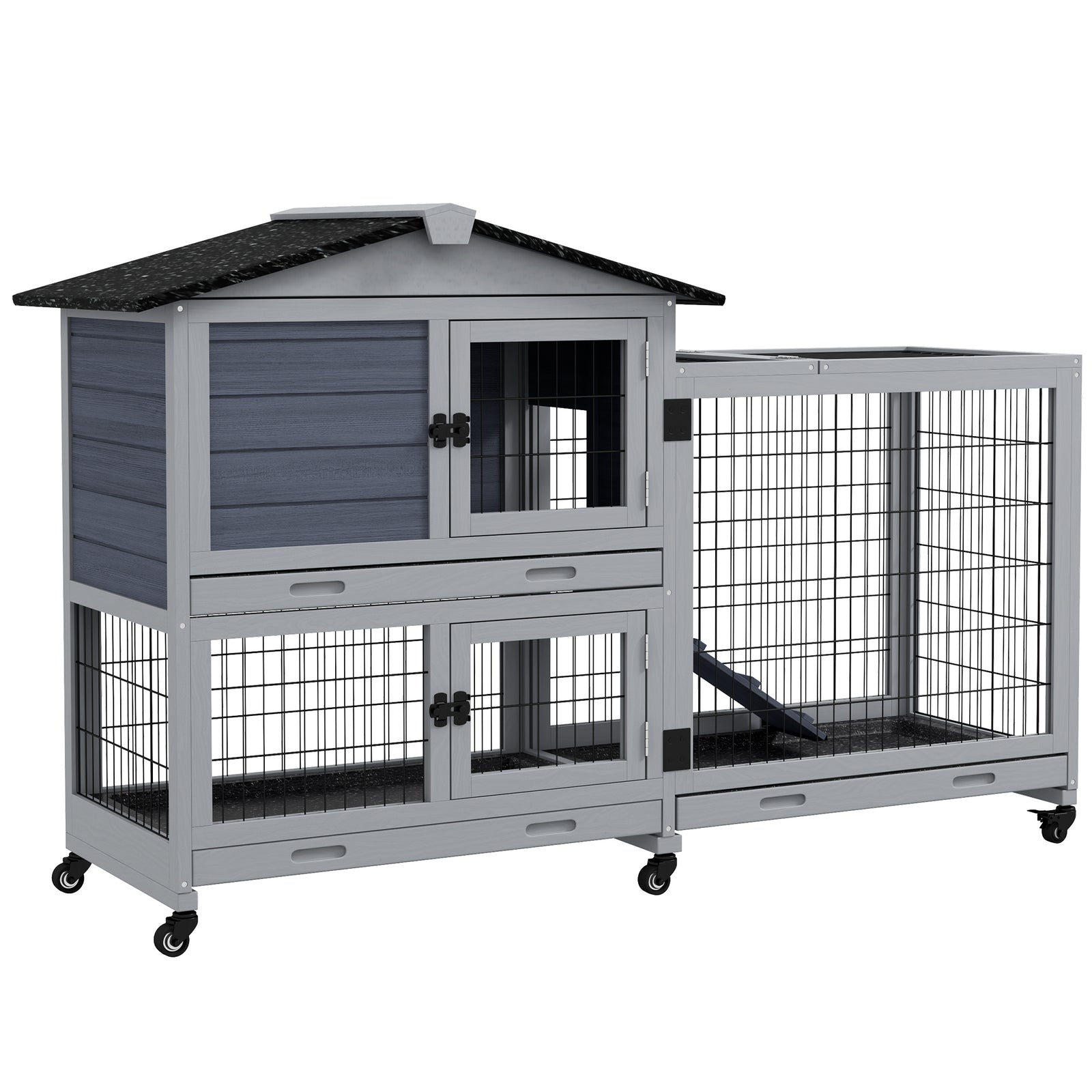 Large Rabbit Hutch Outdoor Indoor W/ Wheels, Three Slide-out Trays, Ramp