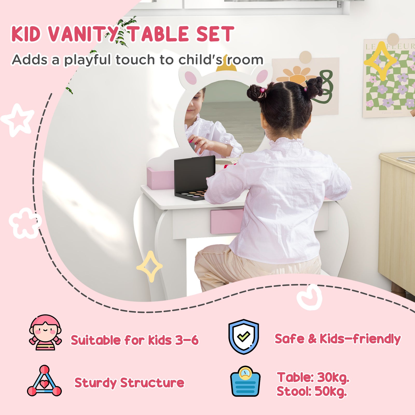 Kids Dressing Table With Mirror And Stool, Unicorn Design, For Ages 3-6 Years | White