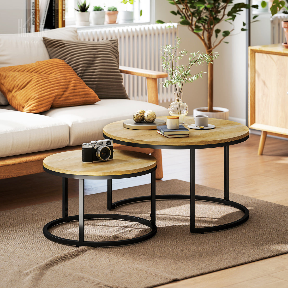 2 Pcs Stacking Coffee Table Set With Steel Frame | Natural