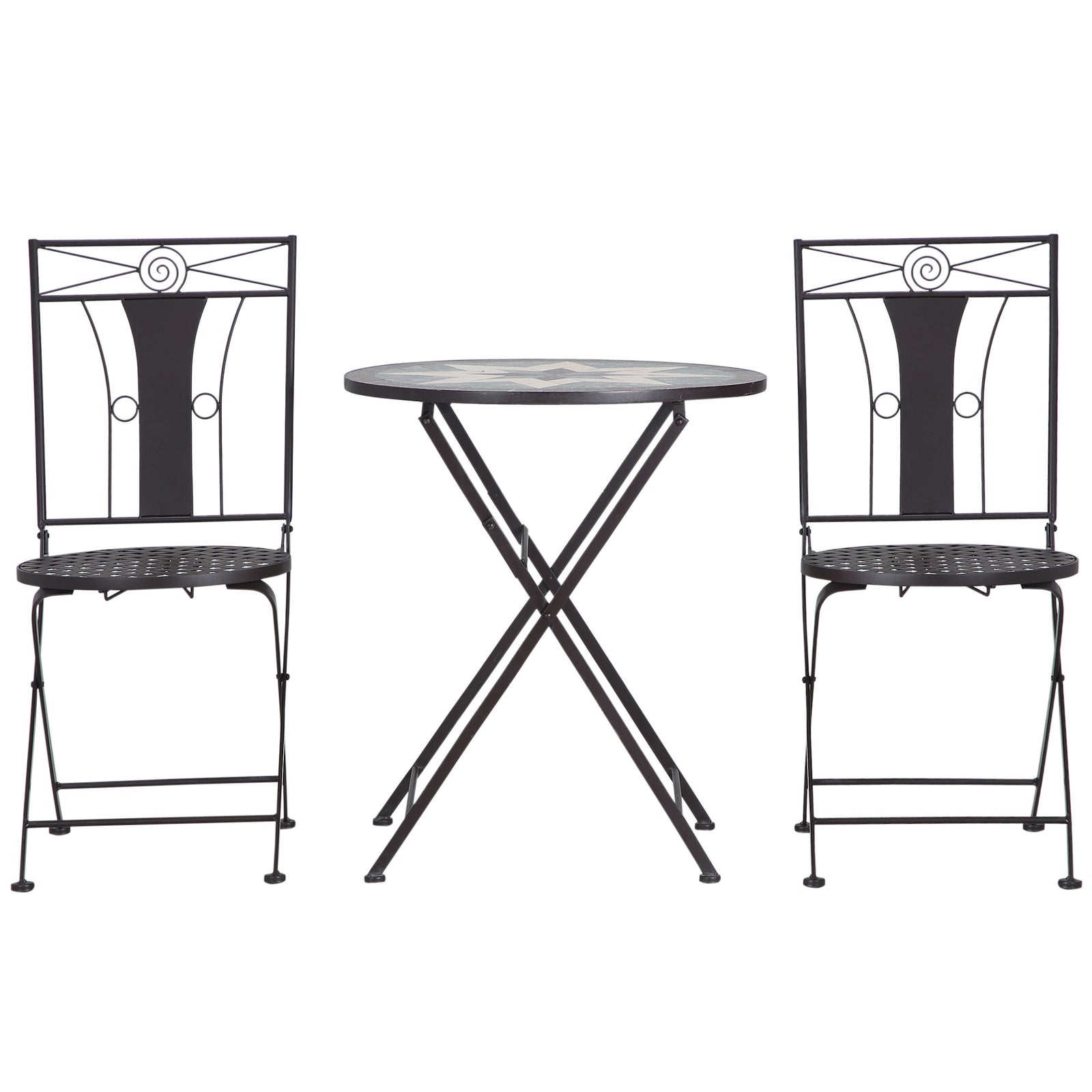 3-piece Patio Bistro Set, Mosaic Table, Foldable Chairs