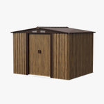 6 x 8ft Metal Apex Roof Garden Shed with Foundation, 3D Brown Wood Grain, Double Sliding Doors & 4 Air Vents