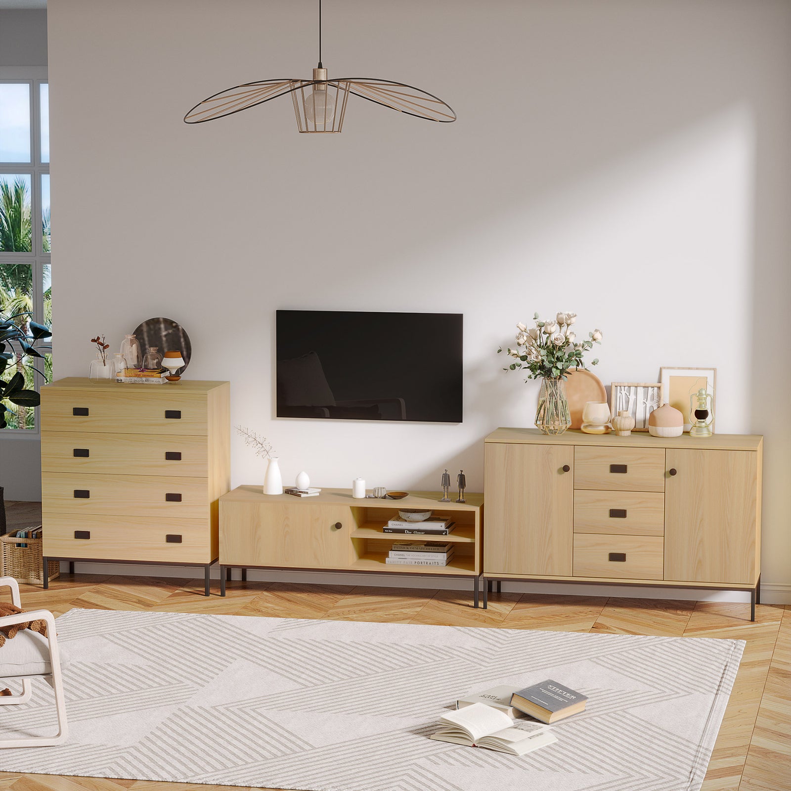 Tv Stand Cabinet With Sliding Door, Natural