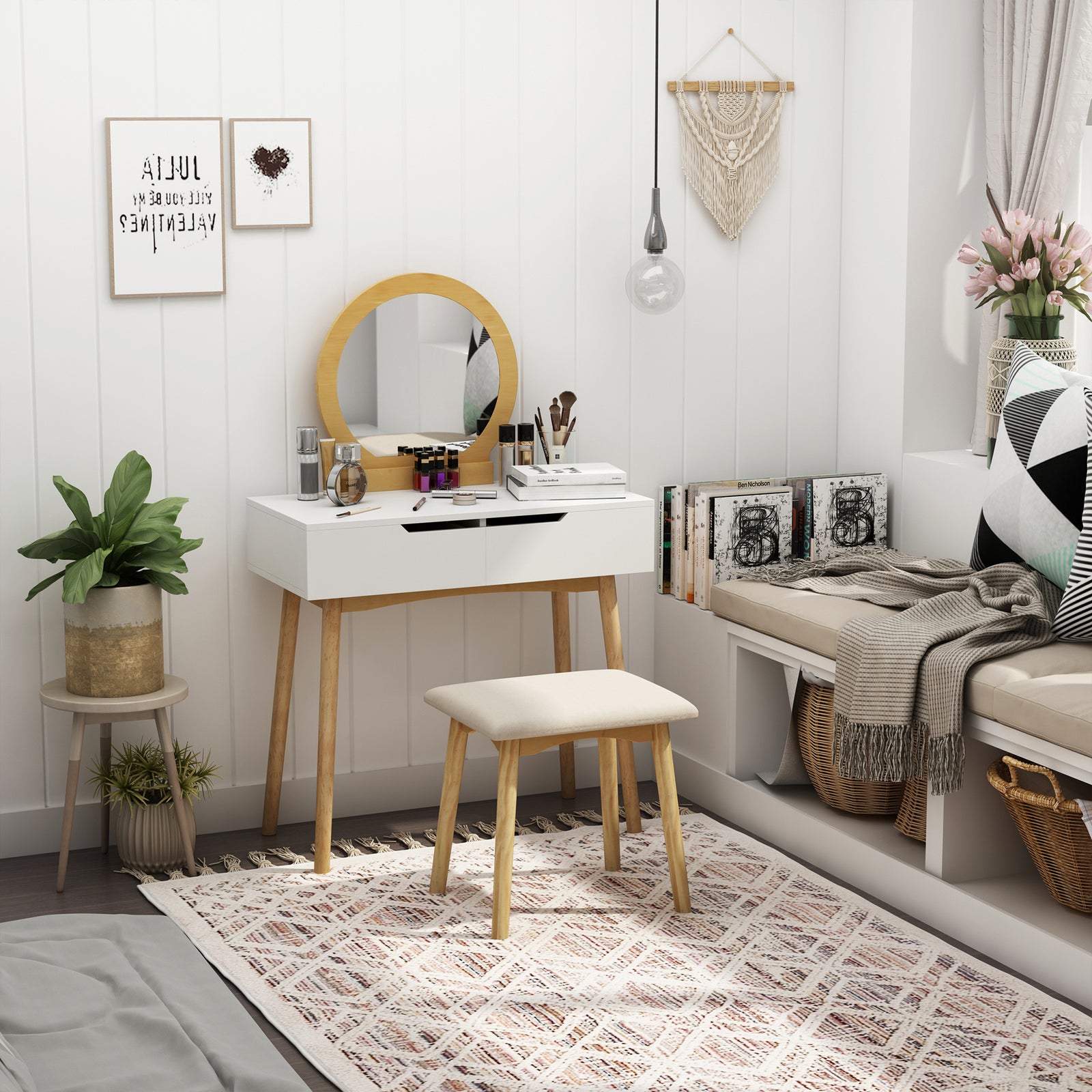 HOMCOM Dressing Table & Stool Set W/ Drawers Mirror Modern Elegant