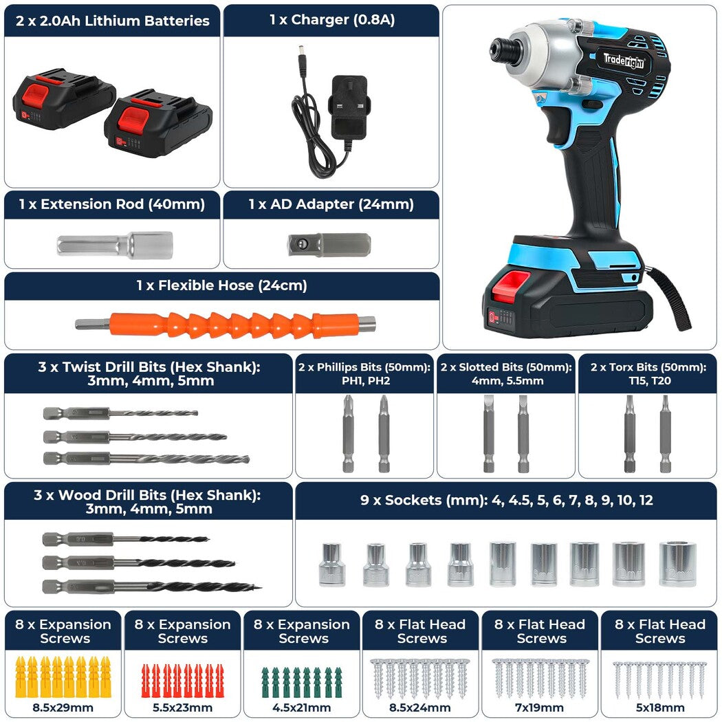 21v Cordless Brushless Impact Driver 2 Battery 1/4" Electric Wrench | Blue