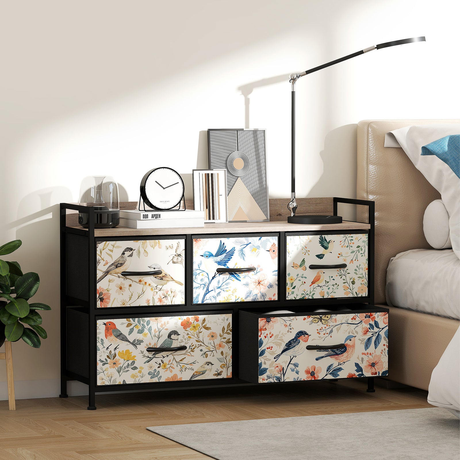 5-drawer Chest Of Drawers, Fabric Dresser With Open Shelf | White
