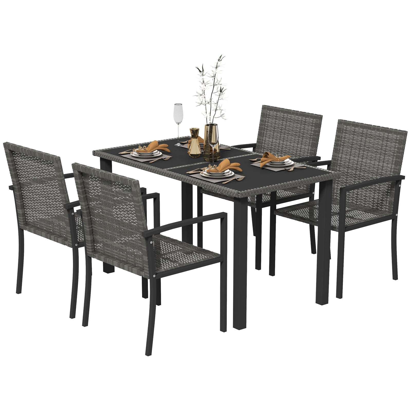 4 Seater Rattan Garden Furniture Set W/ Tempered Glass Top | Dark Gray