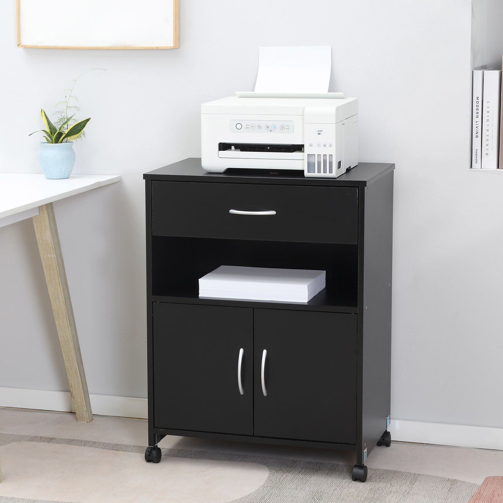 Mobile Printer Stand W/ Storage Shelf Universal Wheels | One Size | Black