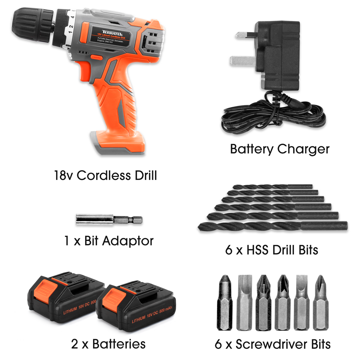 18v Cordless Drill And Screwdriver Set & Drill Bit Kit Li-ion Battery Included, Lightweight Power Battery Drill | 13 Piece Kit – 2x 18V Batteries + Charger | Orange