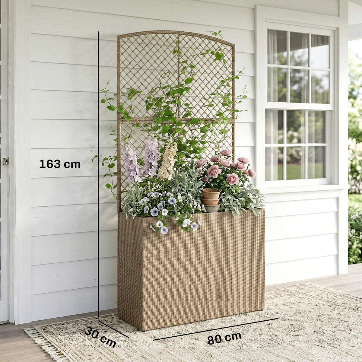 Outsunny Rattan Garden Planter With Trellis And Liner, Light Grey