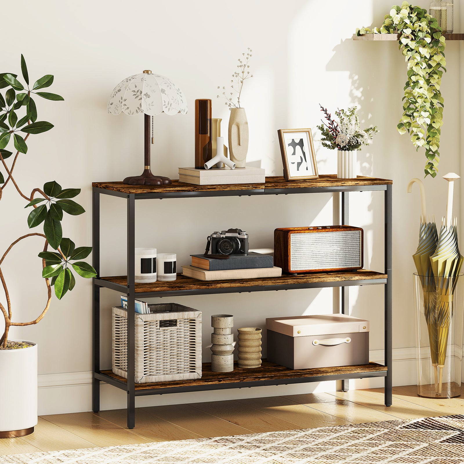 HOMCOM Industrial Console Table With 3-tier Storage Shelves Rustic Brown
