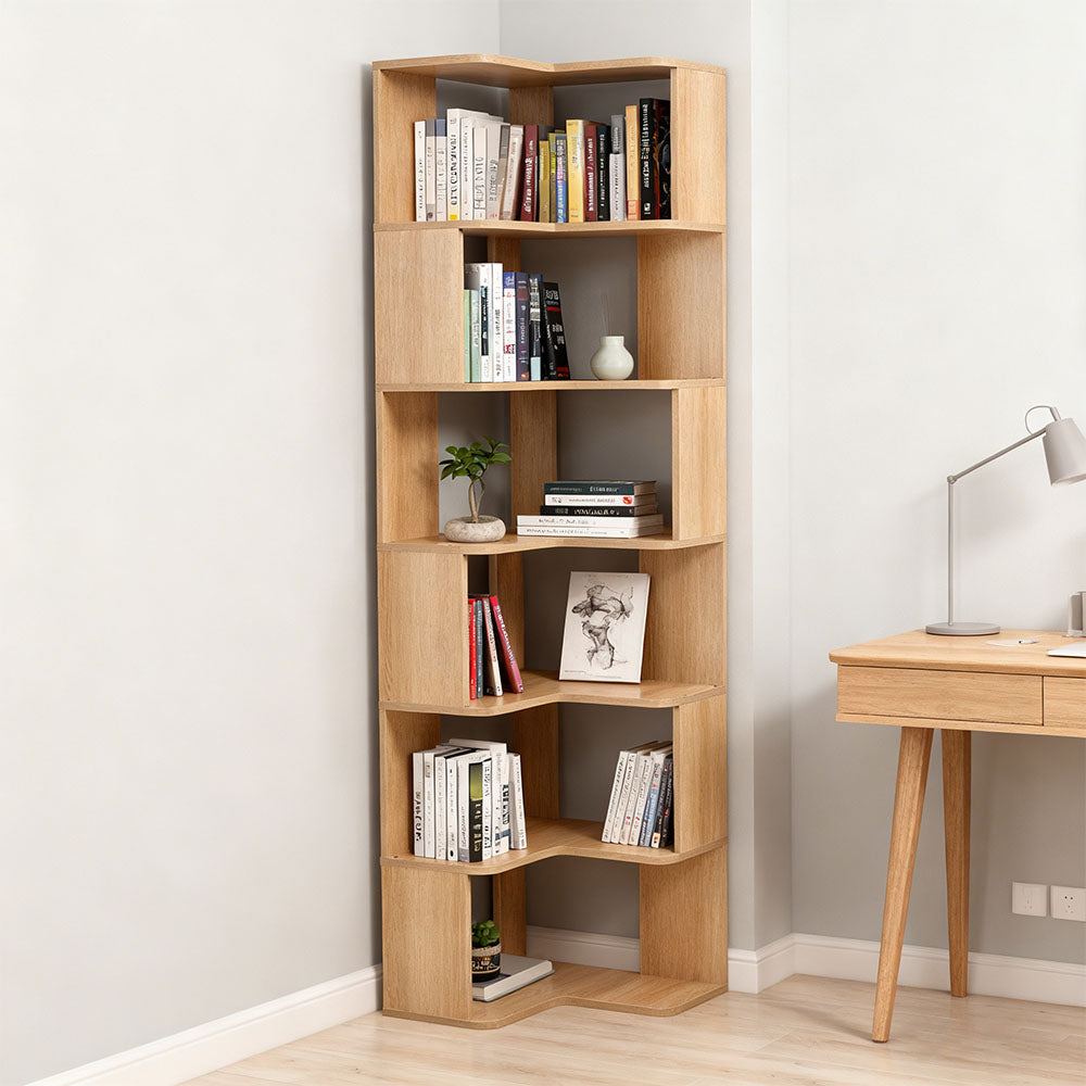 5-tier/6-tier Wooden L-shaped Corner Storage Shelf | Large | Natural