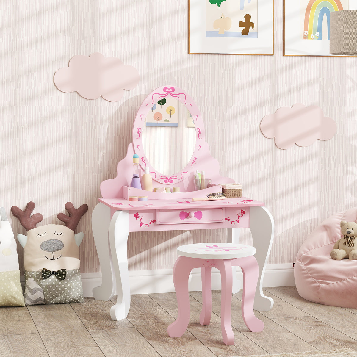 Kids Dressing Table Set, Ballet Theme Vanity Table With Stool, Mirror, Drawer