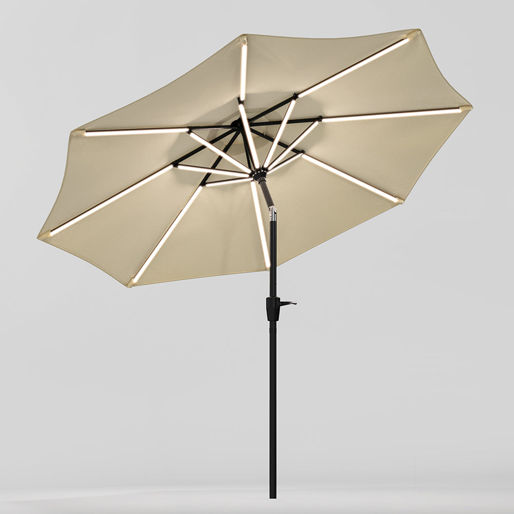 3m Solar Led Patio Umbrella, Outdoor Parasol With 16 Led Tubes, Crank Lift & Push Button Tilt Without Base | One Size | Beige
