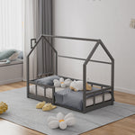 Kids Pine Wood House Bed Frame With Guardrails – 160cm X 80cm Low Design Single Toddler Bed For Safe And Fun Sleep | Grey