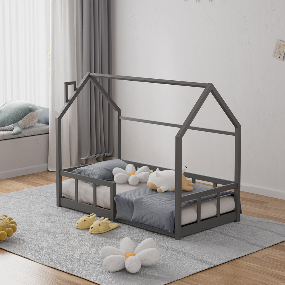 Kids Pine Wood House Bed Frame With Guardrails – 160cm X 80cm Low Design Single Toddler Bed For Safe And Fun Sleep | Grey