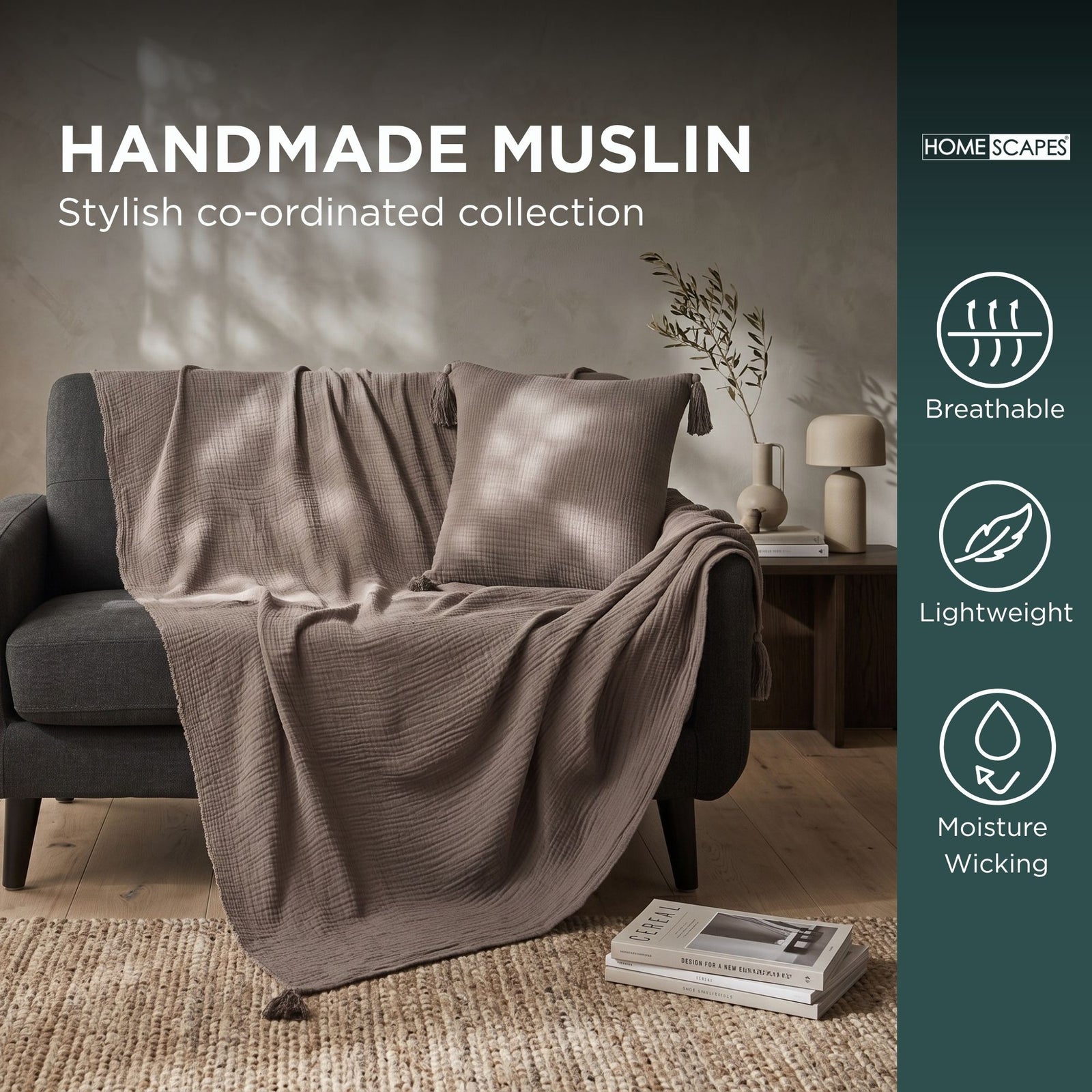 Pure Handmade Cotton Muslin Cushion With Cover | 45cm x 45cm | Grey
