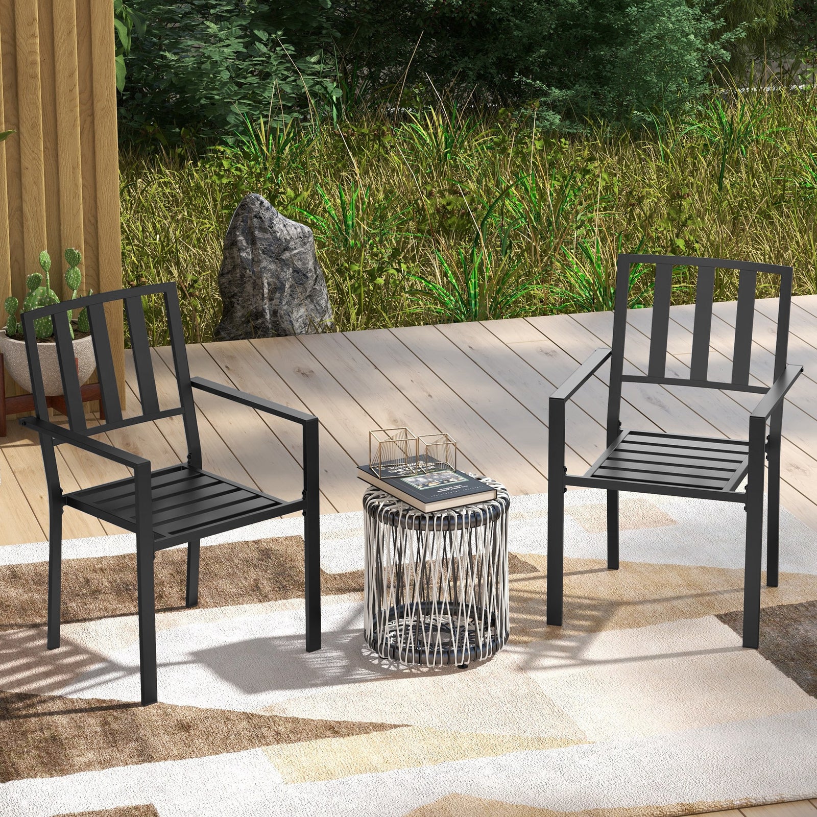 Stackable Outdoor Garden Chairs With Metal Slatted Design | Set of 2 | Black