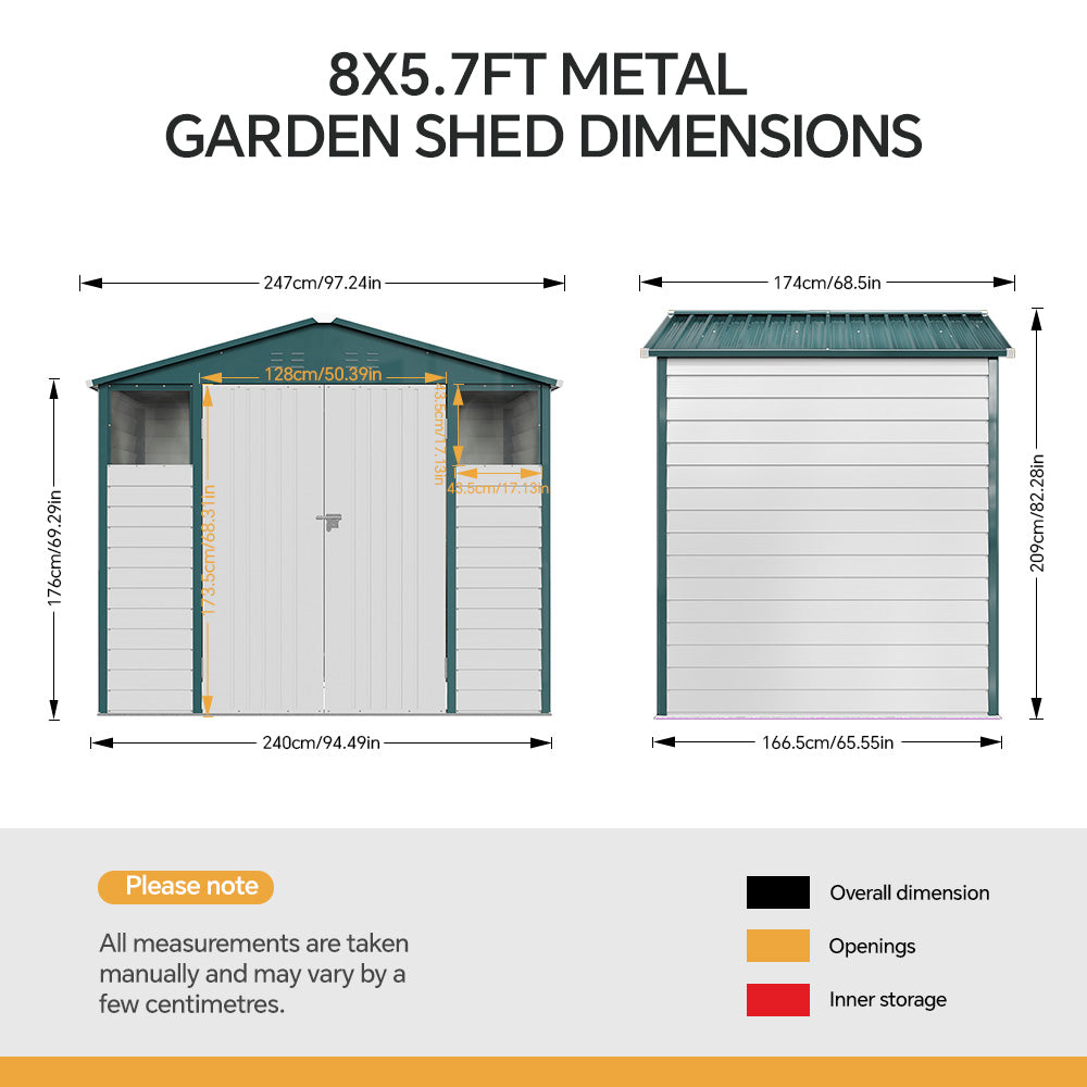 8x5.7ft Large Outdoor Metal Tool Shed With Apex Roof – Lockable Double Doors, Ventilated & Weather-resistant Garden Storage Shed | White