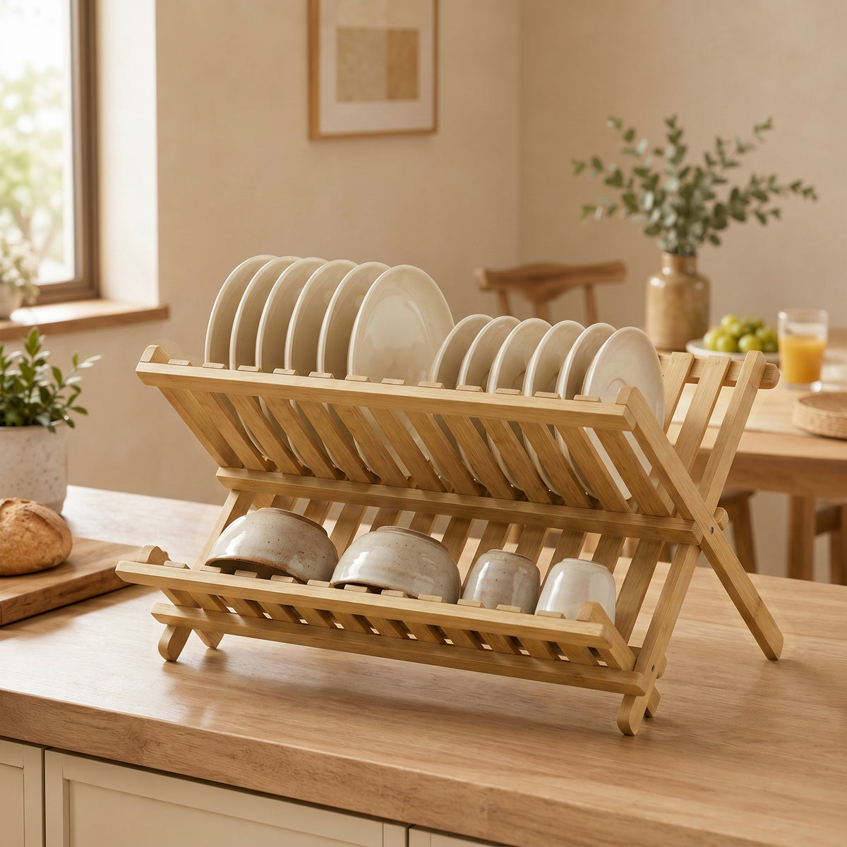HOMCOM 2-tier Kitchen Storage Unit With Slatted Draining Shelves, Natural