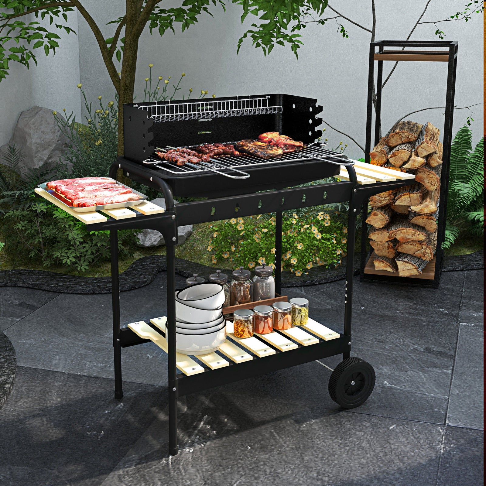 Outsunny Charcoal Barbecue Bbq Grill Trolley W/ 5-level Ash Catcher