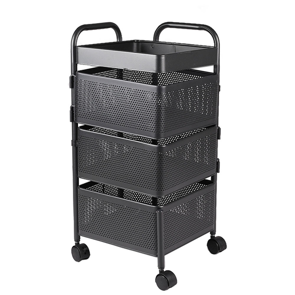Multi-layer Storage Shelf Trolley 3/4/5 Tier Square Organizer Rack With Swivel Design For Kitchen | Small | Black