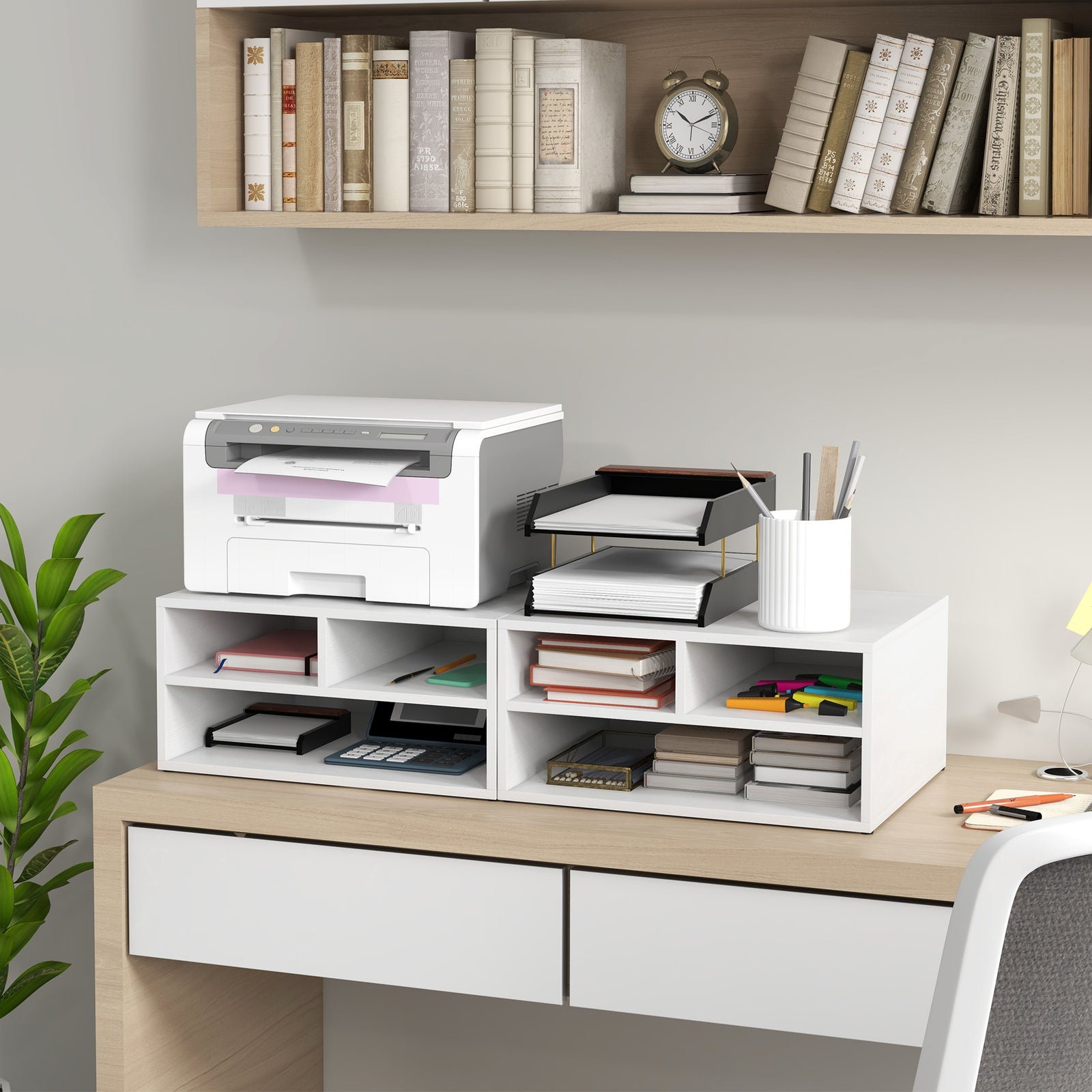 Desktop Printer Stand With 3 Open Compartments | One Size | White