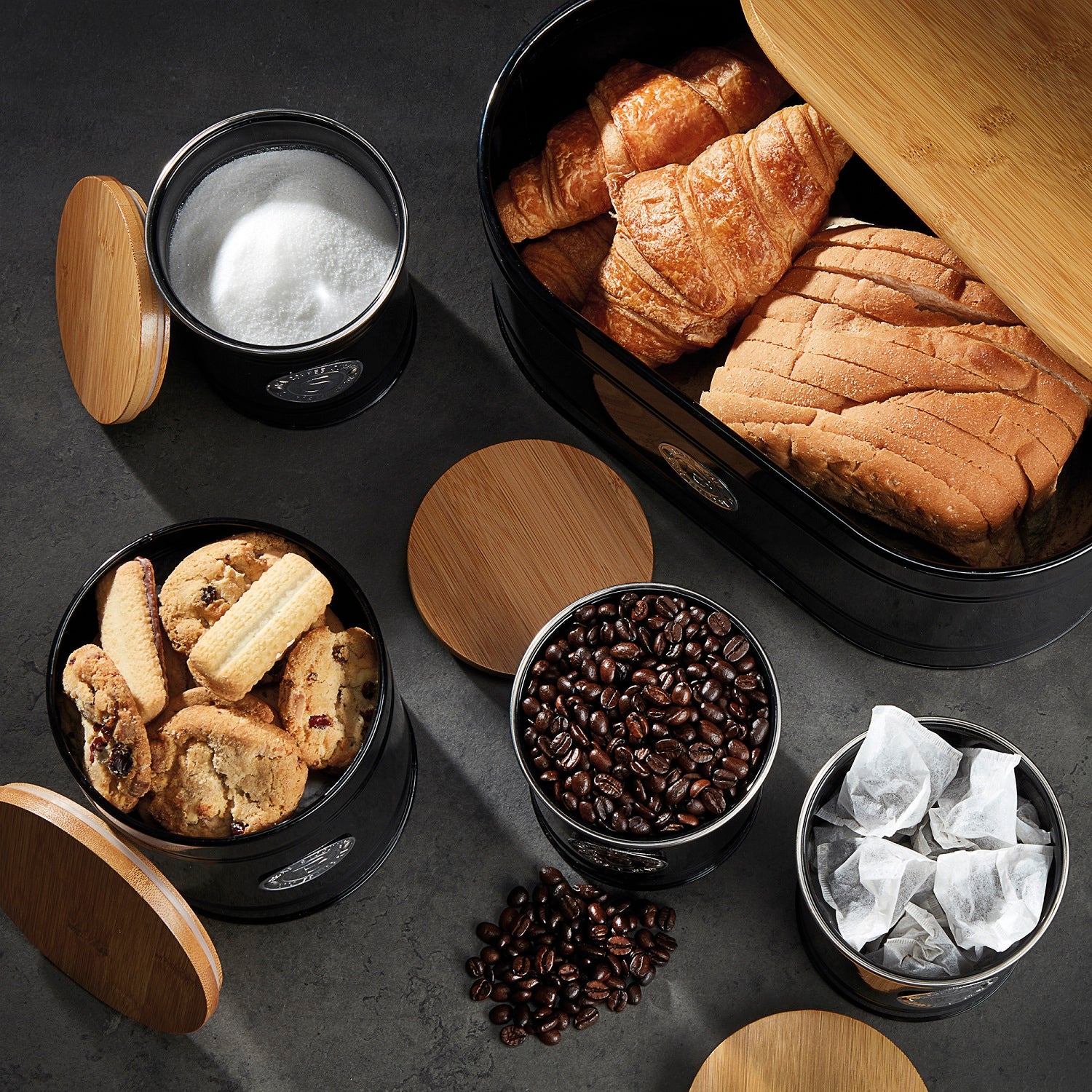 Kitchen Storage Set 5 Piece With Bamboo Lids   Black