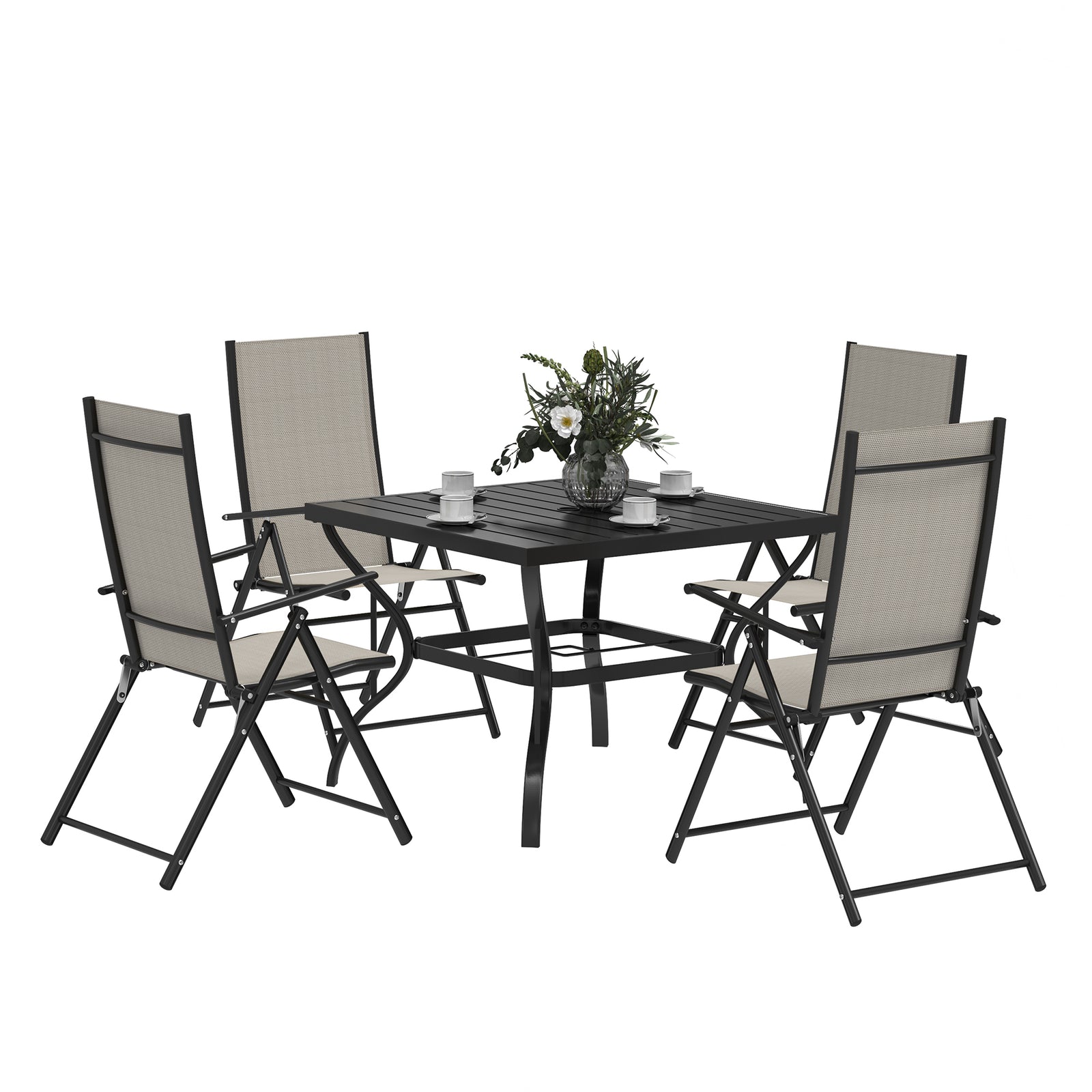 5 Pcs Garden Dining Set, Folding Chairs And Metal Top Table | Khaki
