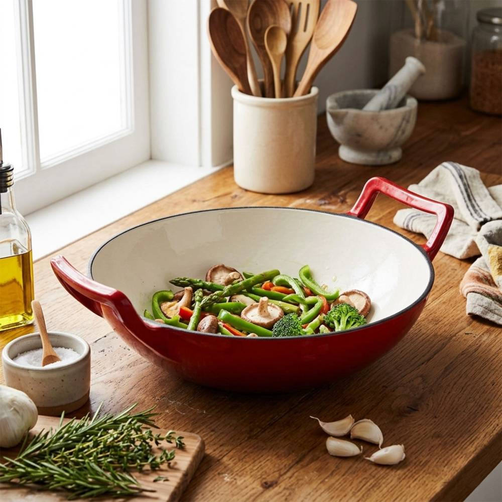 30cm Diameter Diameter Enamelled Cast Iron Stir-fry Pan Wok With Side Handles | Red