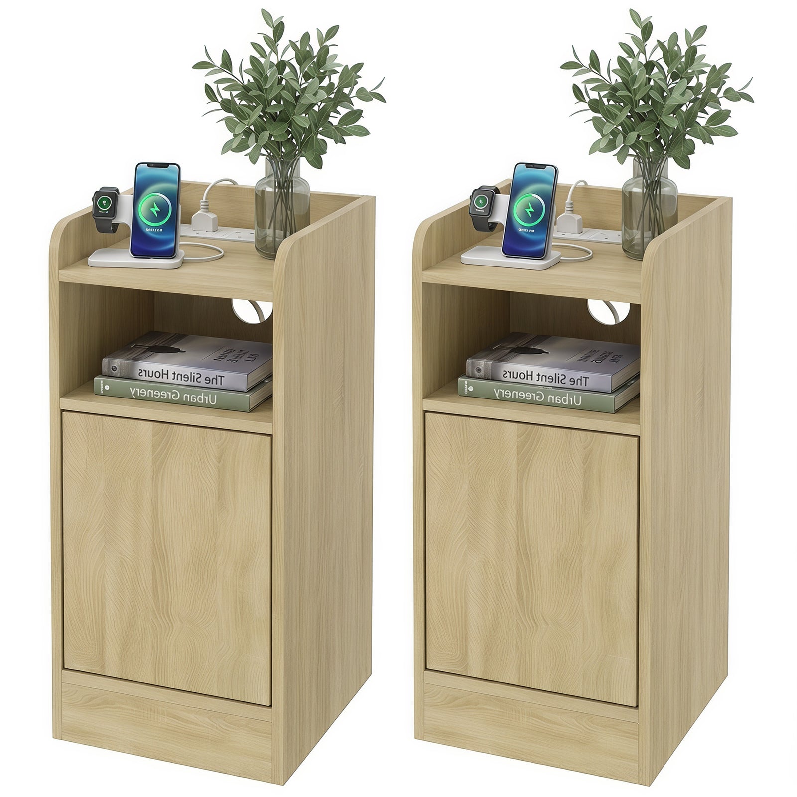 Slim Bedside Table Set Of 2 With Charging Station | Oak