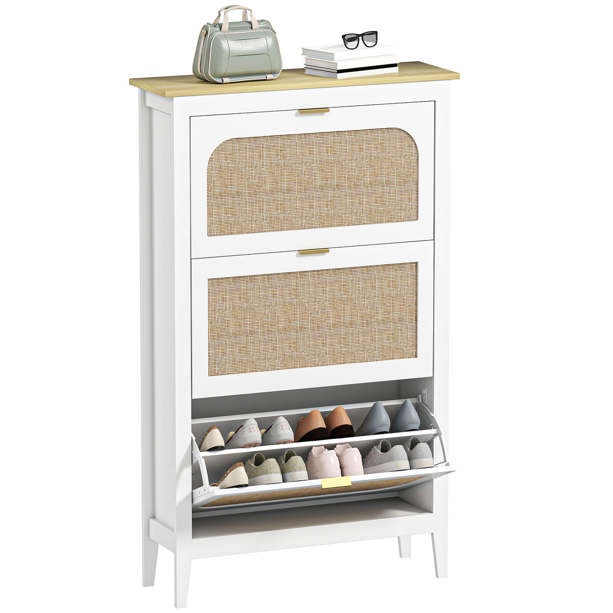 HOMCOM Boho Slim Shoe Cabinet With Rattan Doors