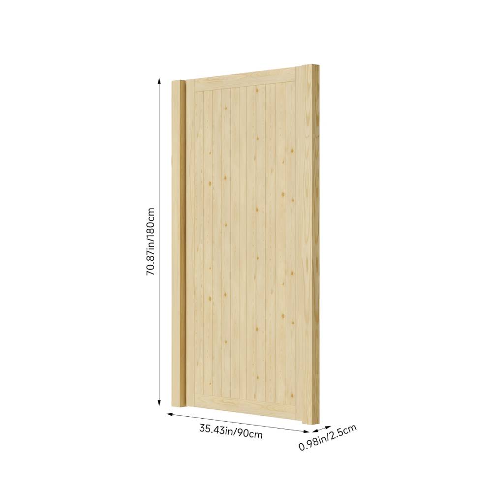 90cm W X 180cm H Solid Wood Panel Door With Natural Finish, Classic Vertical Plank Design With Door Latch