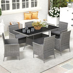 Rattan Dining Set For 6 With Cushions, Glass Top Table