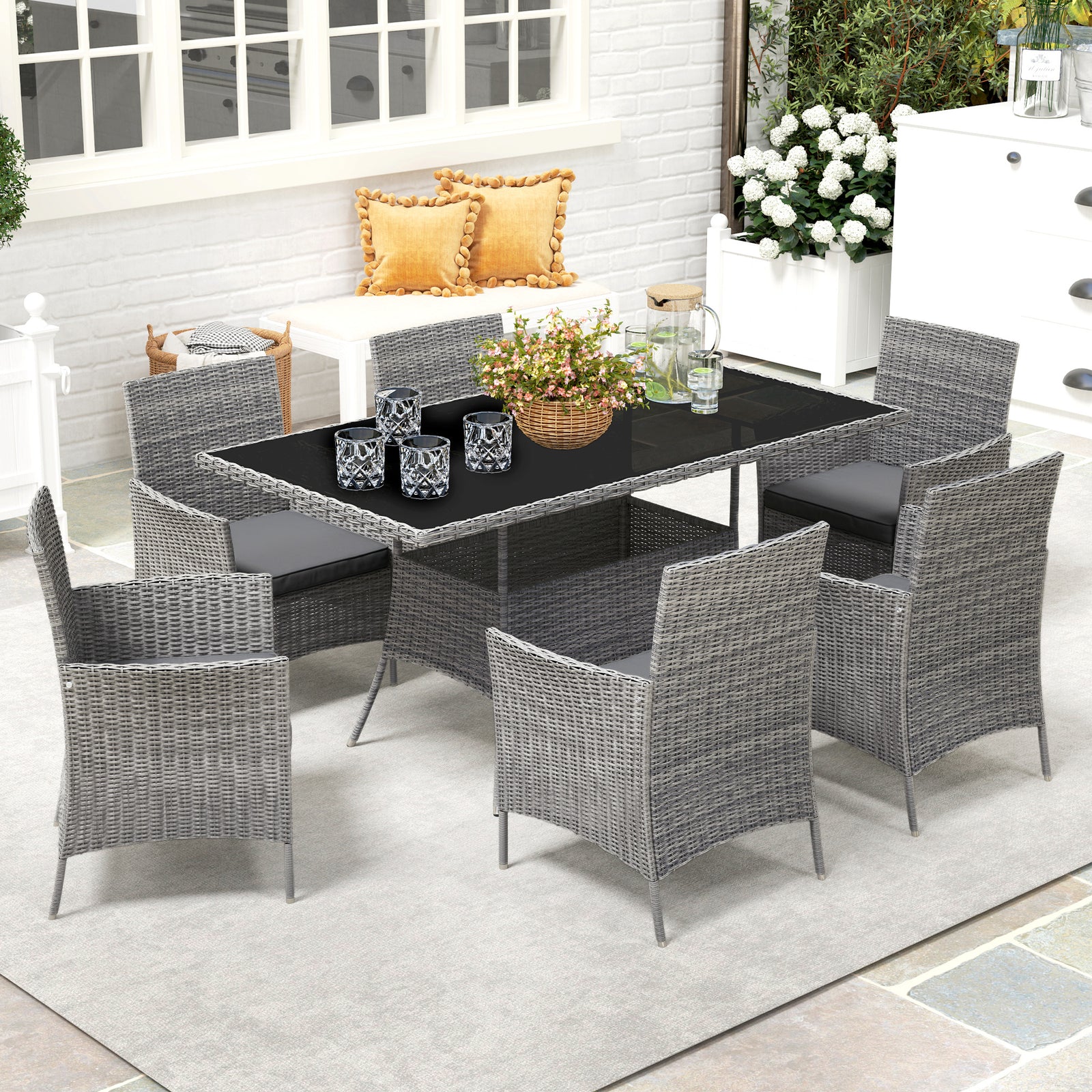 Rattan Dining Set For 6 With Cushions, Glass Top Table