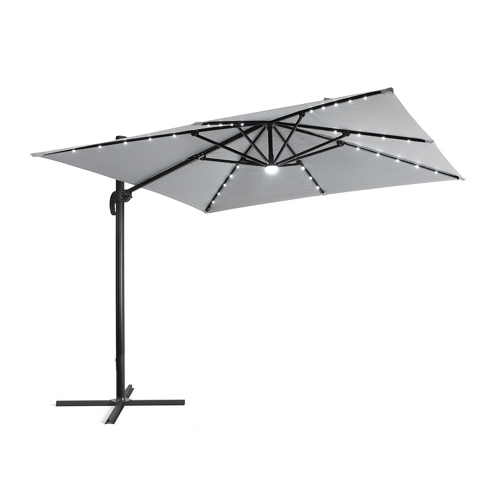 3m Solar Led Cantilever Patio Square Umbrella With 32 Led Lights & Center Light, 360° Rotation With Pu Coating,cross Base Included | One Size | Light Grey