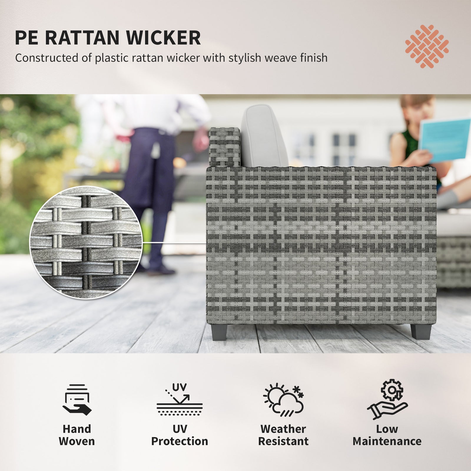 6 Pieces Rattan Set, 5 Seater With Coffee Table, Light Grey