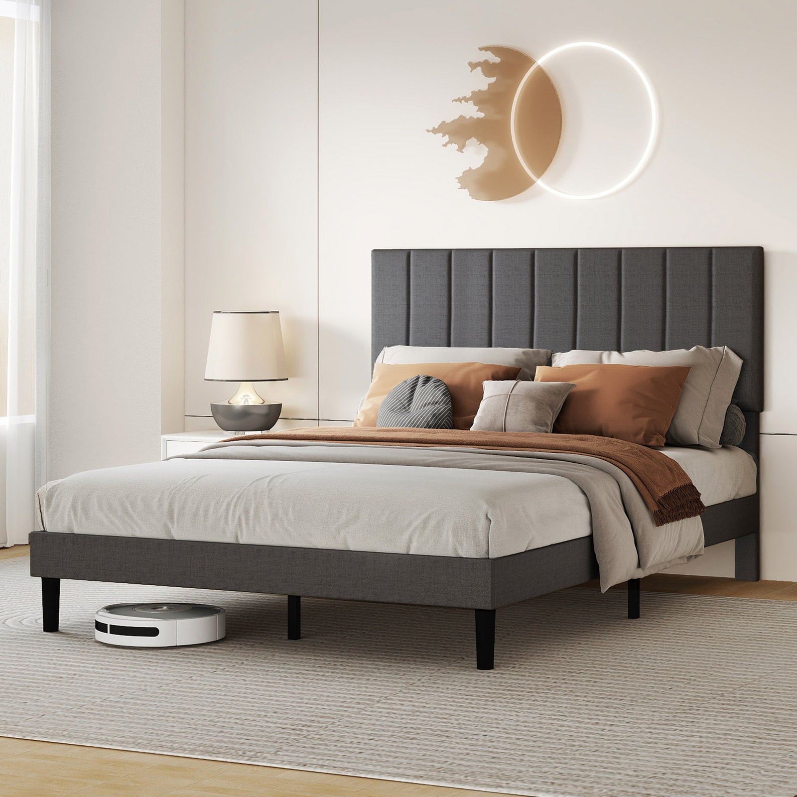 Upholstered Linen Bed Frame With Foam Headboard | King | Dark Grey