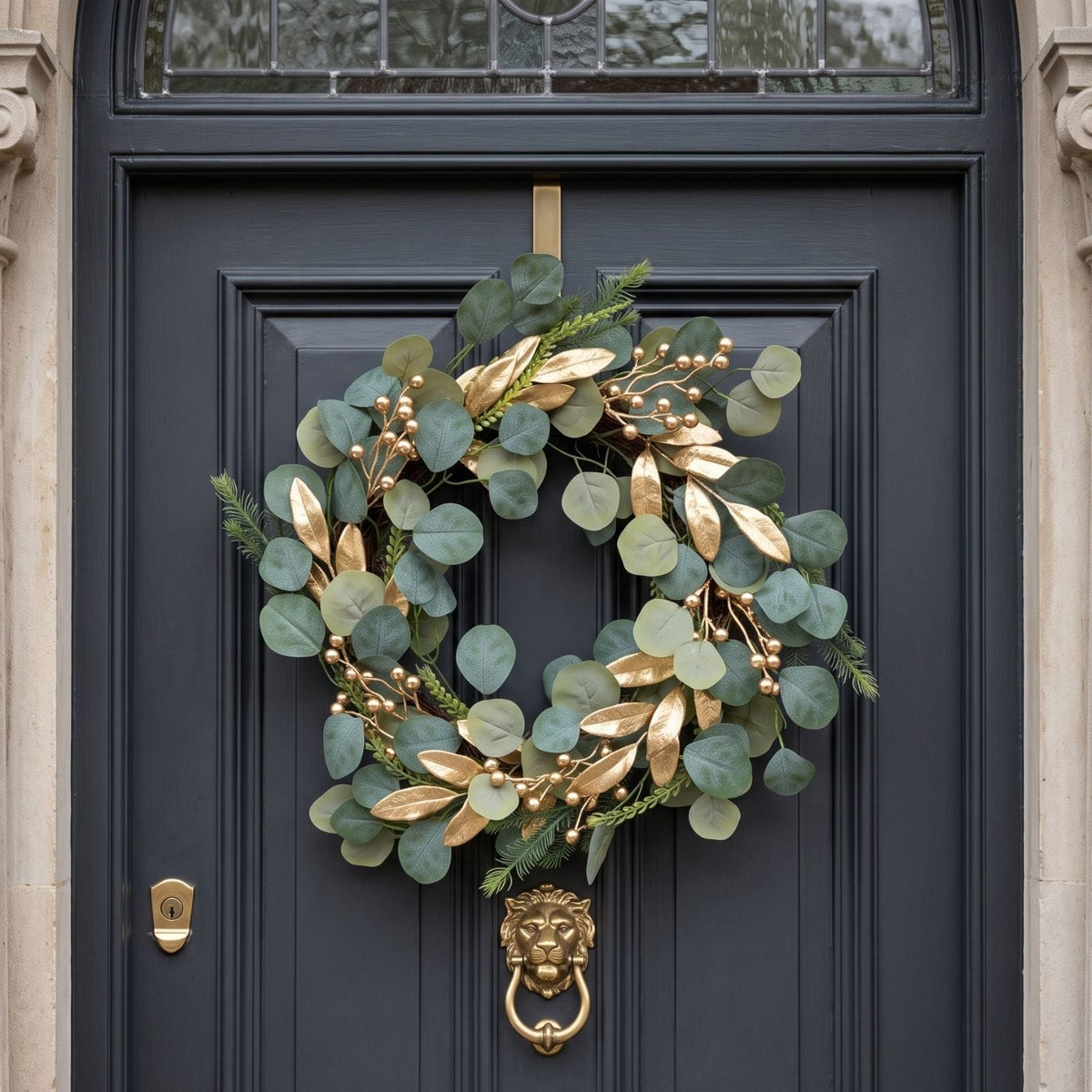 HOMESCAPES Green & Gold Eucalyptus Christmas Wreath, 56 Cm