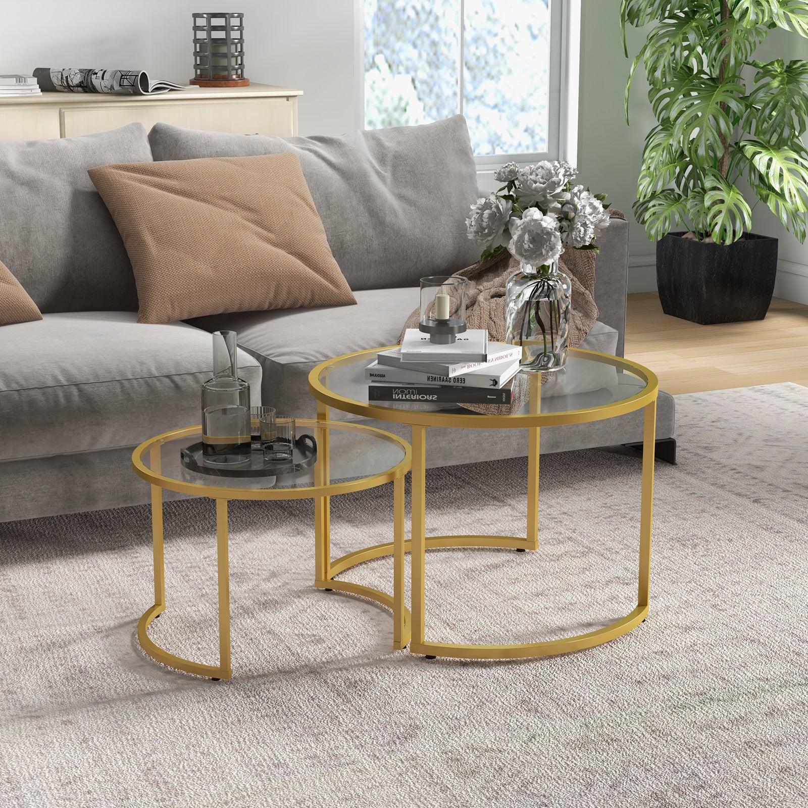 HOMCOM Modern Coffee Table Set Of 2, Nesting Tables With Glass Top, Gold