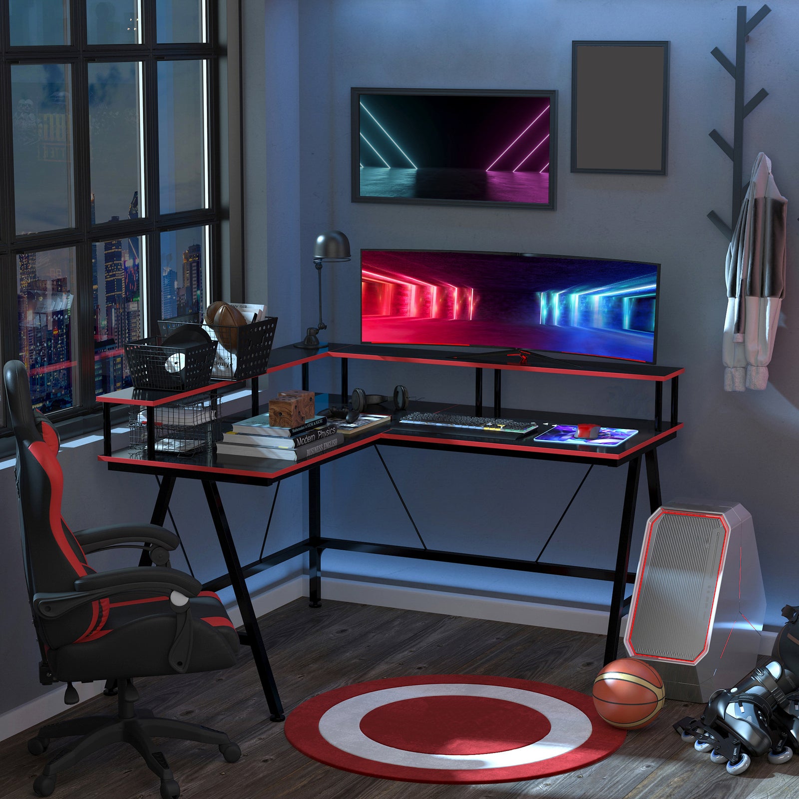 L-shape Gaming Corner Desk W/ Monitor Shelf