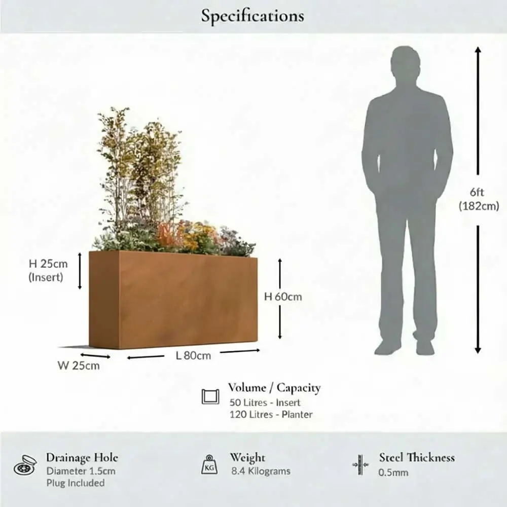 Long Zinc Galvanised Tall Trough Planter | 80cm x 25cm x 60cm | Copper