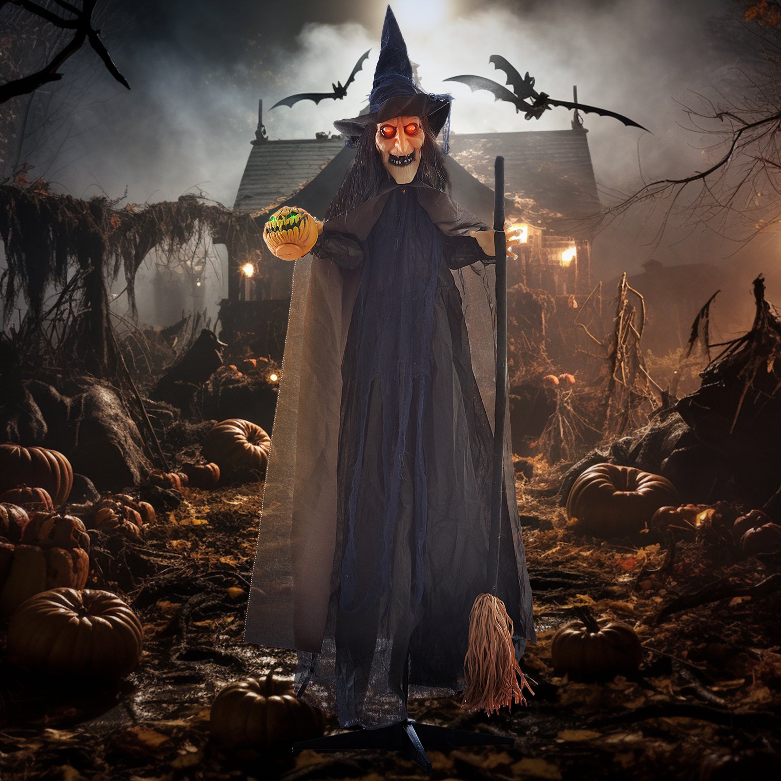 Halloween Witch With Broomstick Animatronic Prop With Light Up Eyes