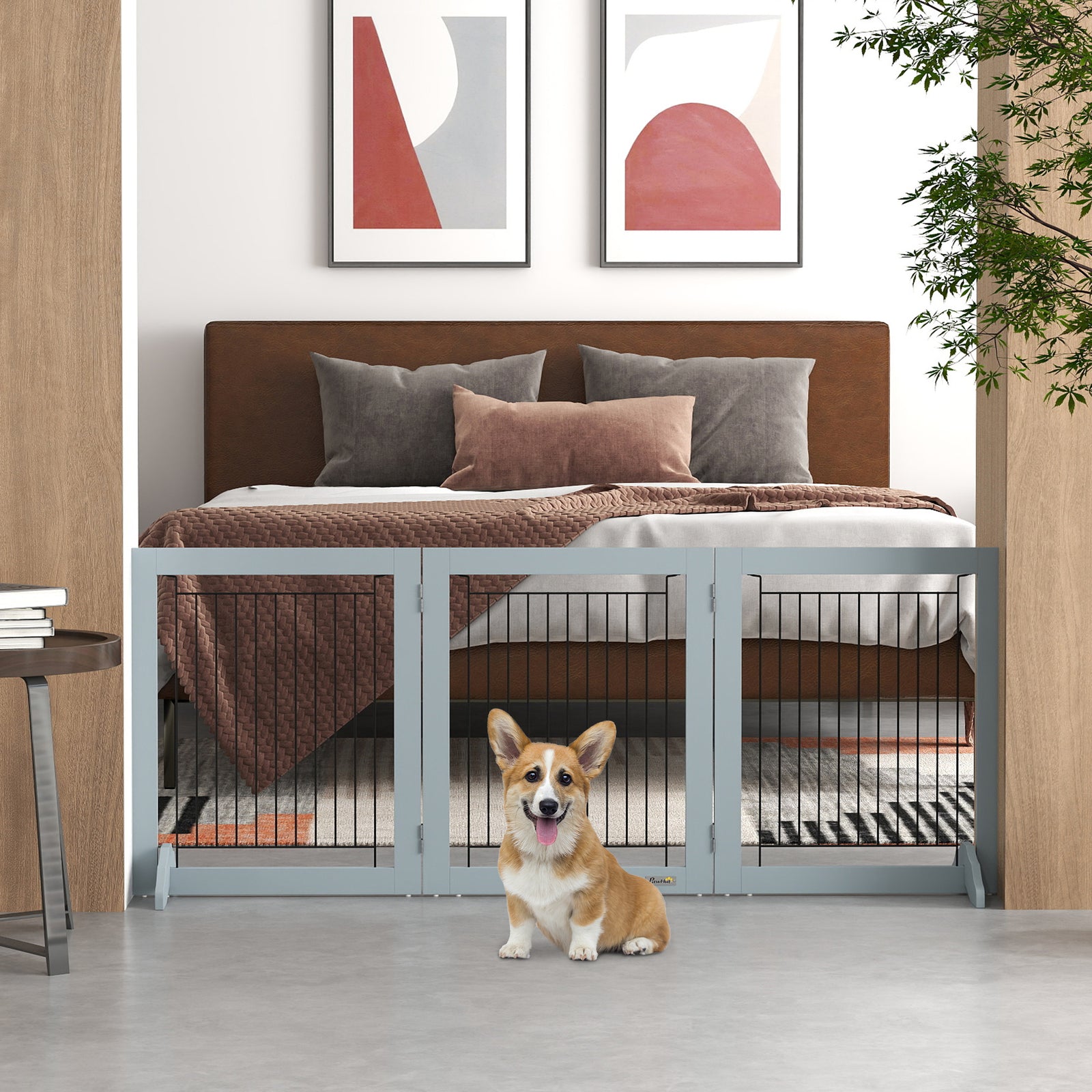 Pawhut Foldable Wooden Pet Gate W/ 3 Panels 2 Support Feet For Small Dogs