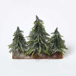 HOMESCAPES Set Of 3 Frosted Xmas Trees On Firwood Log Base, 27 X 27 Cm