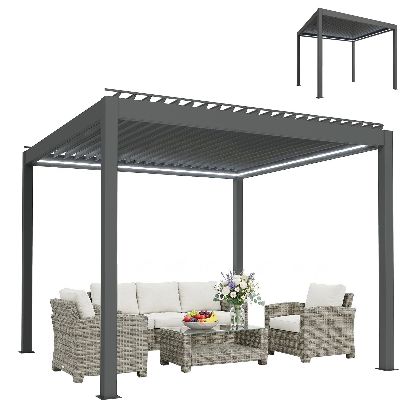 3x3m Electric Louvered Pergola With Led Lights And Remote