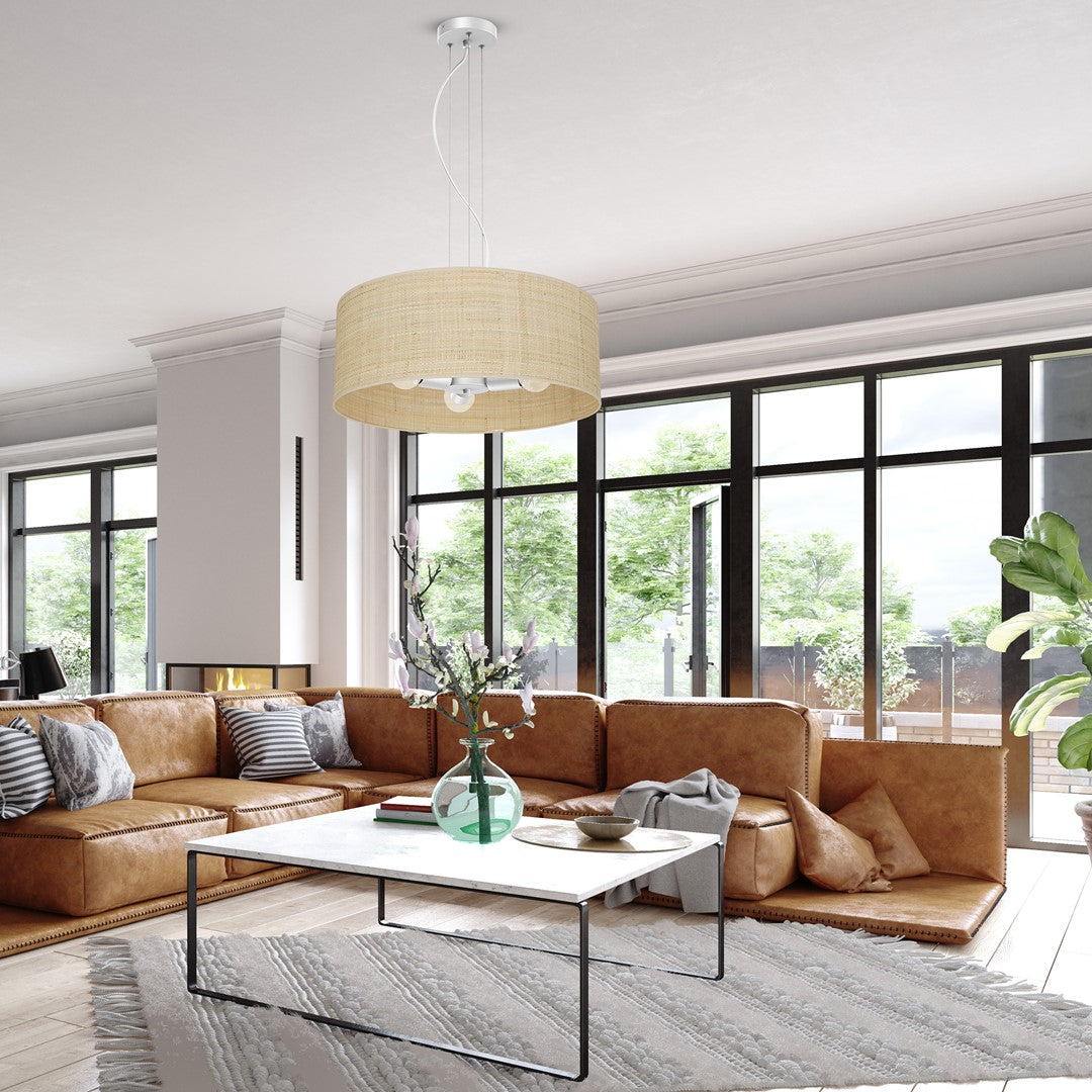 Marshall Hand Made Designer Pendant Lamp In Matt White Metal And Natural Rattan Coloured Fabric