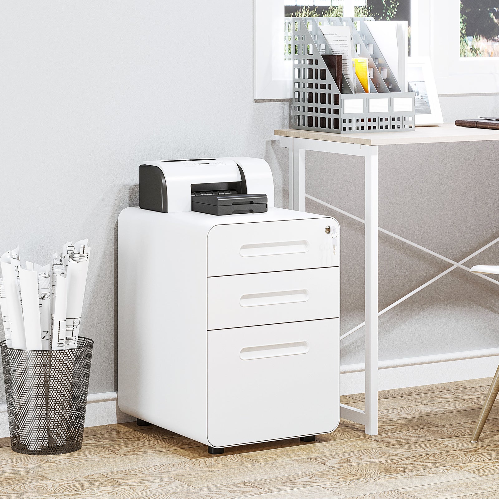 3 Drawer Modern Steel Filing Cabinet With 4 Wheels | One Size | White