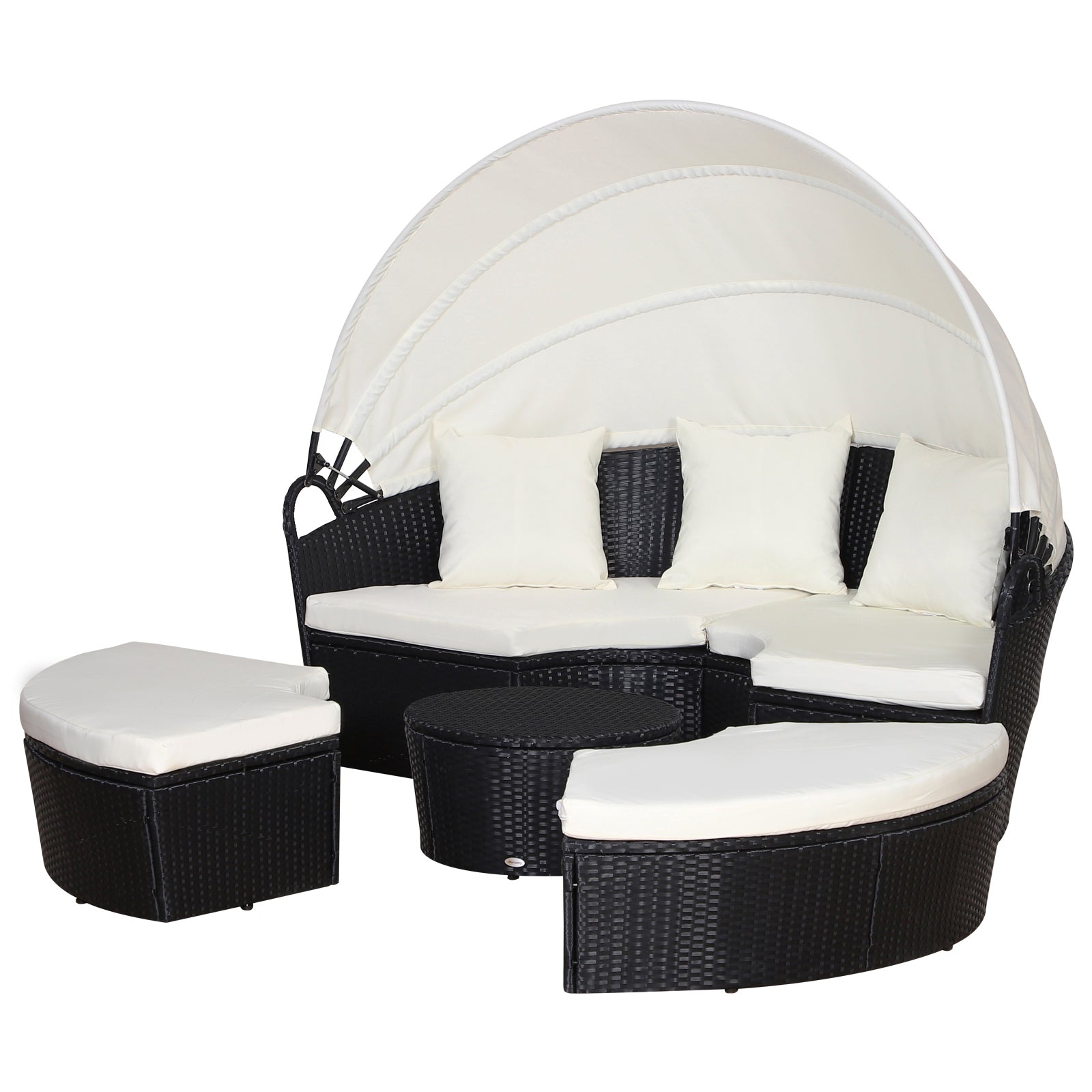 5 Pcs Cushioned Outdoor Rattan Round Sofa Bed Table Set | Black