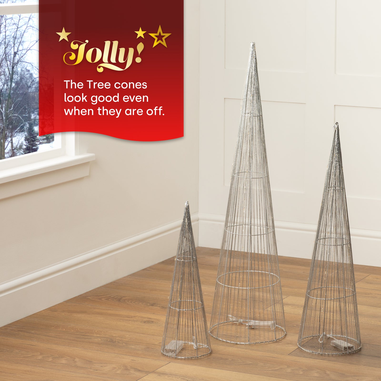 3pc Light Up Cone Tree Decorations With Warm Led Lights